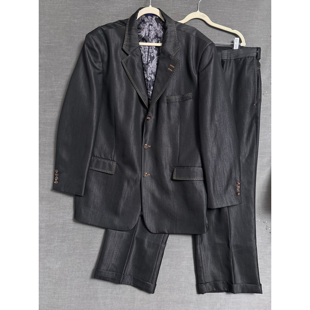 Blu Martini Suit 48R 42R Gray Satiny Denim Twill Contrast Stitch Actual 50L 40W